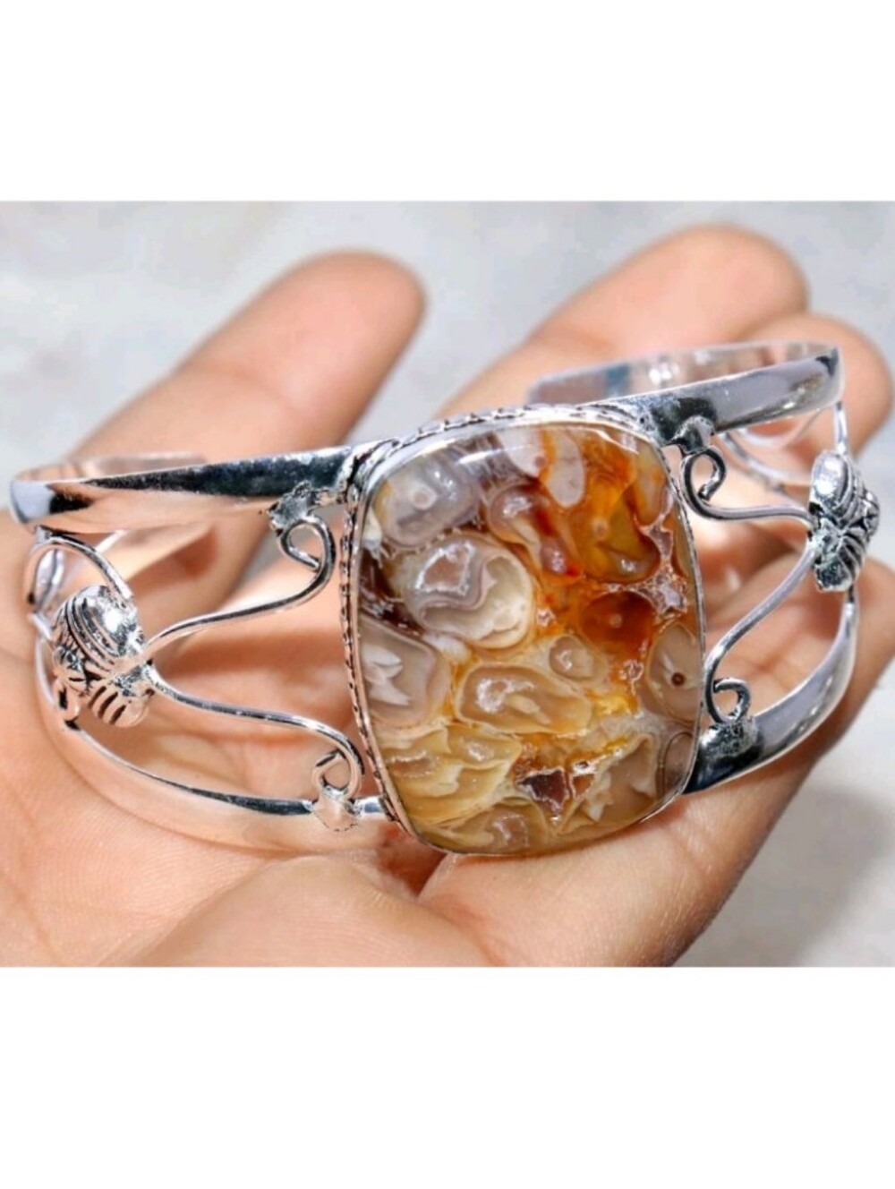Mexican Crazy Lace Agate Gemstone 925 Sterling Silver Adjustable Cuff Bracelet